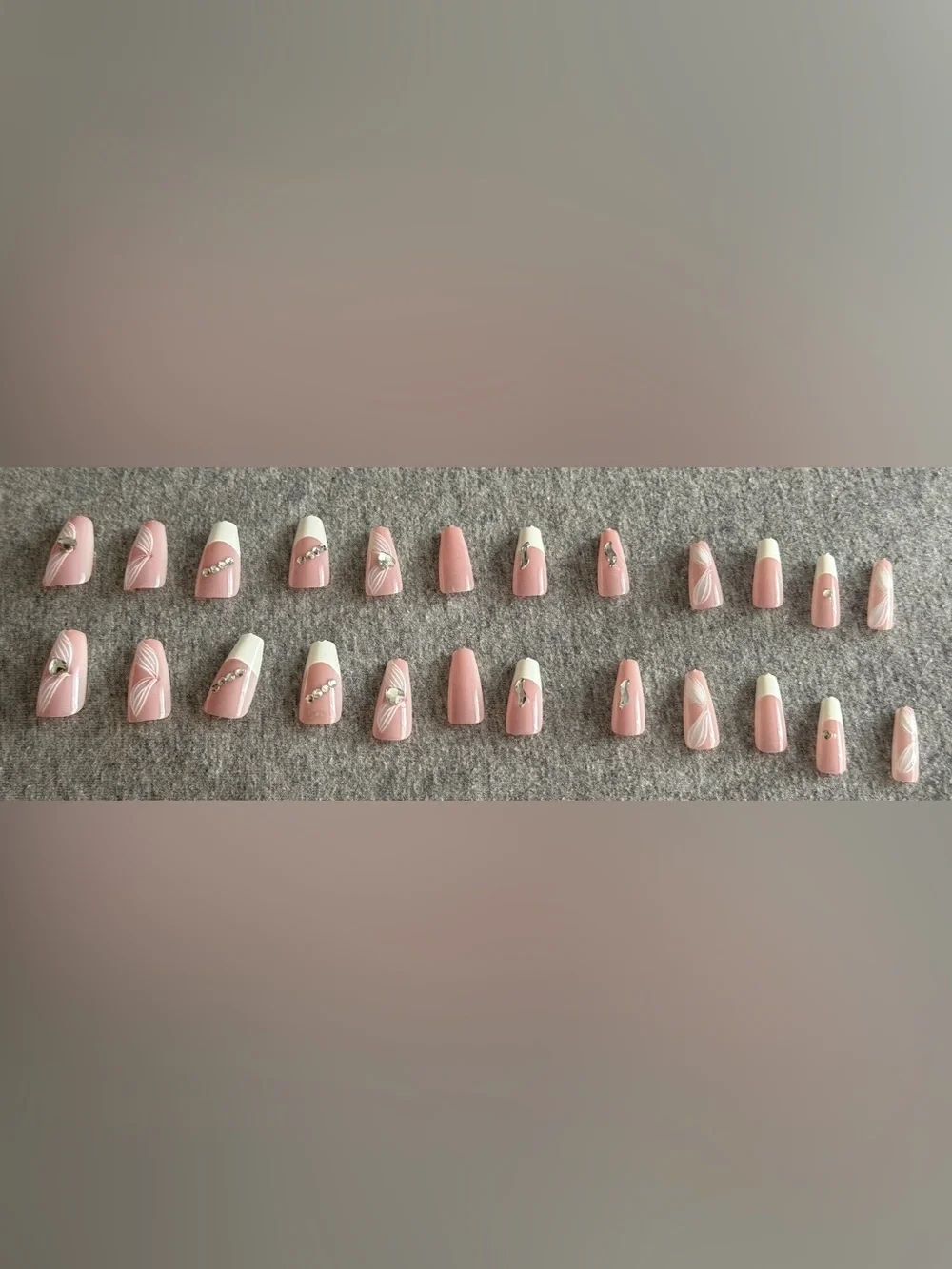 Elegant Pink & White Rhinestone Press-On Nail Set